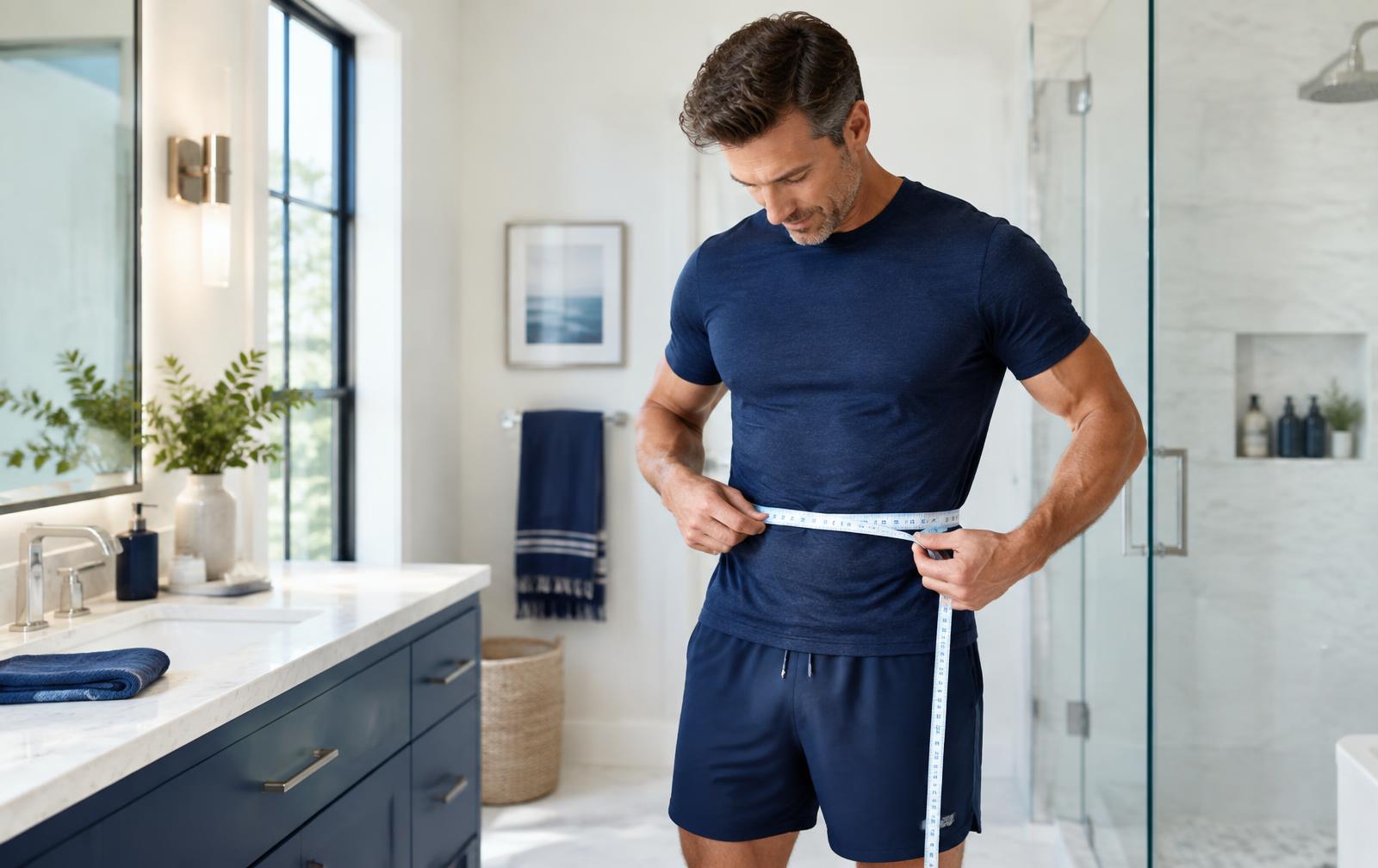 Man measuring his waist in a bright bathroom