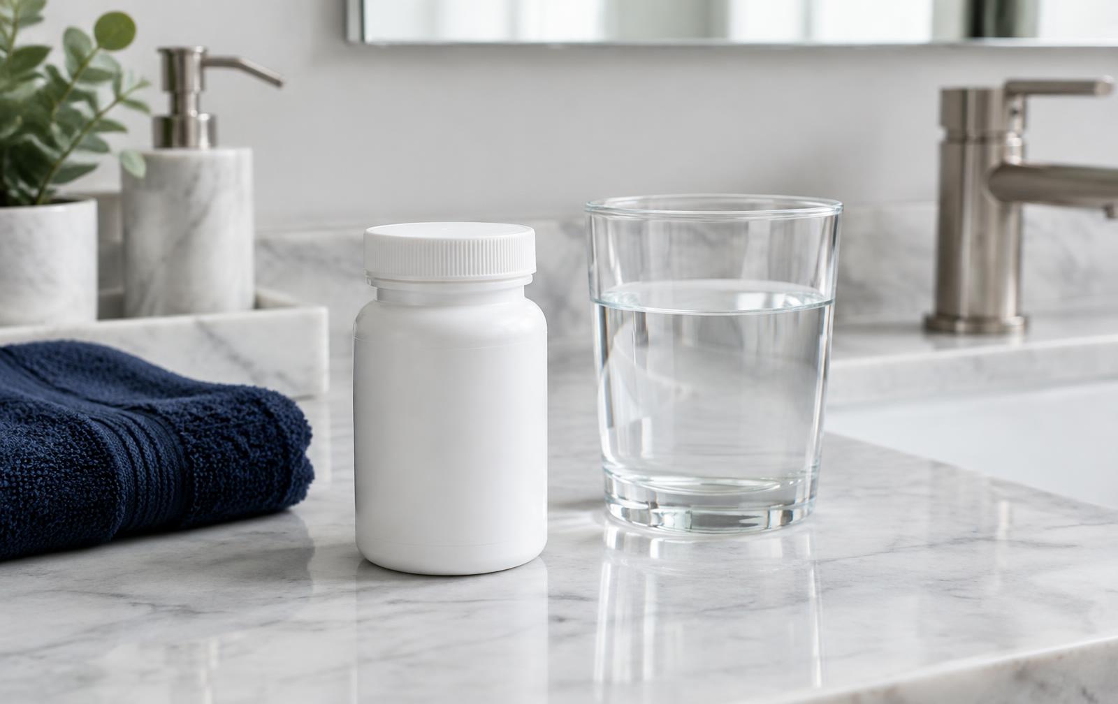 Unlabeled medication bottle and a glass of water on a marble counter