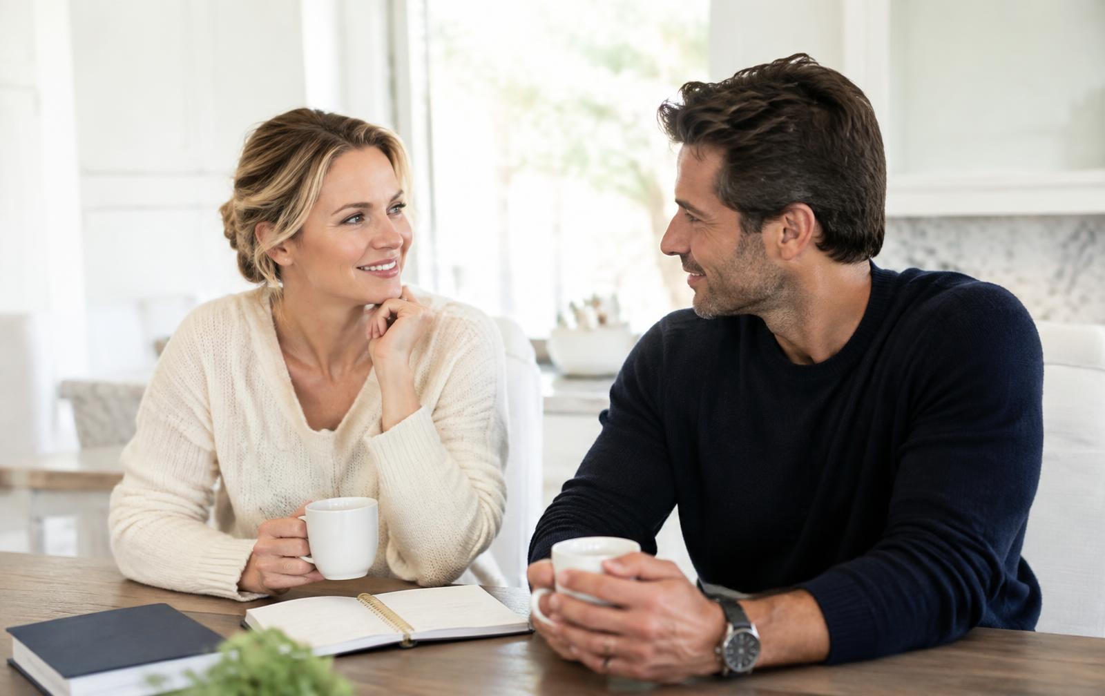 Couple in their 40s talking over coffee at a kitchen table
