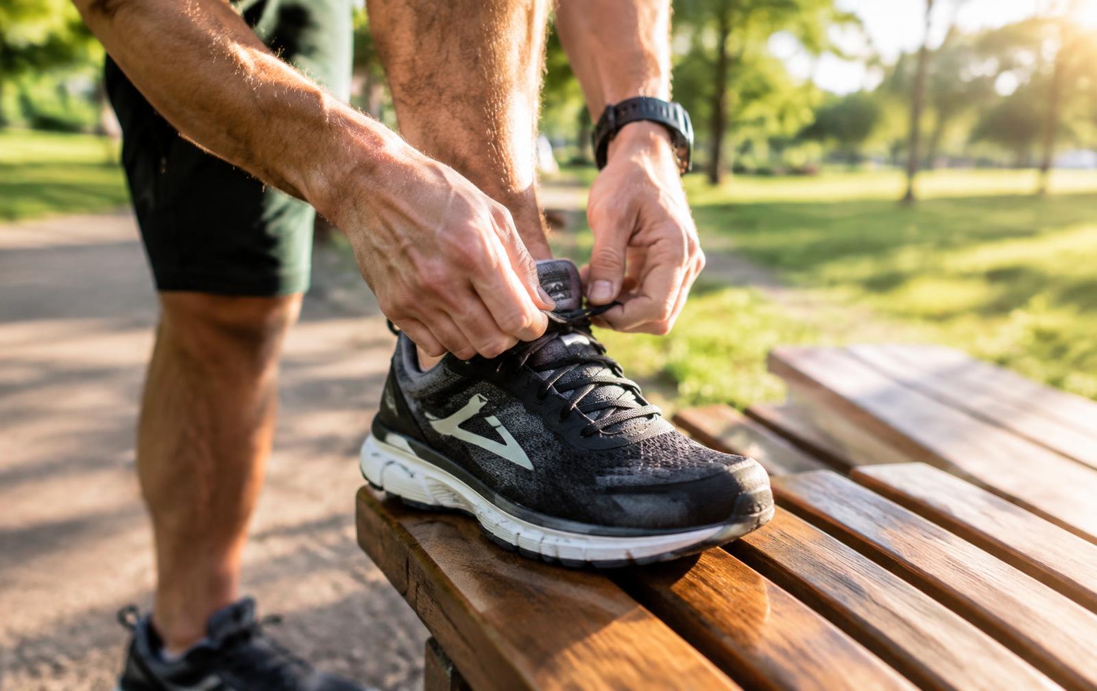 Man tying his running shoes on a park bench