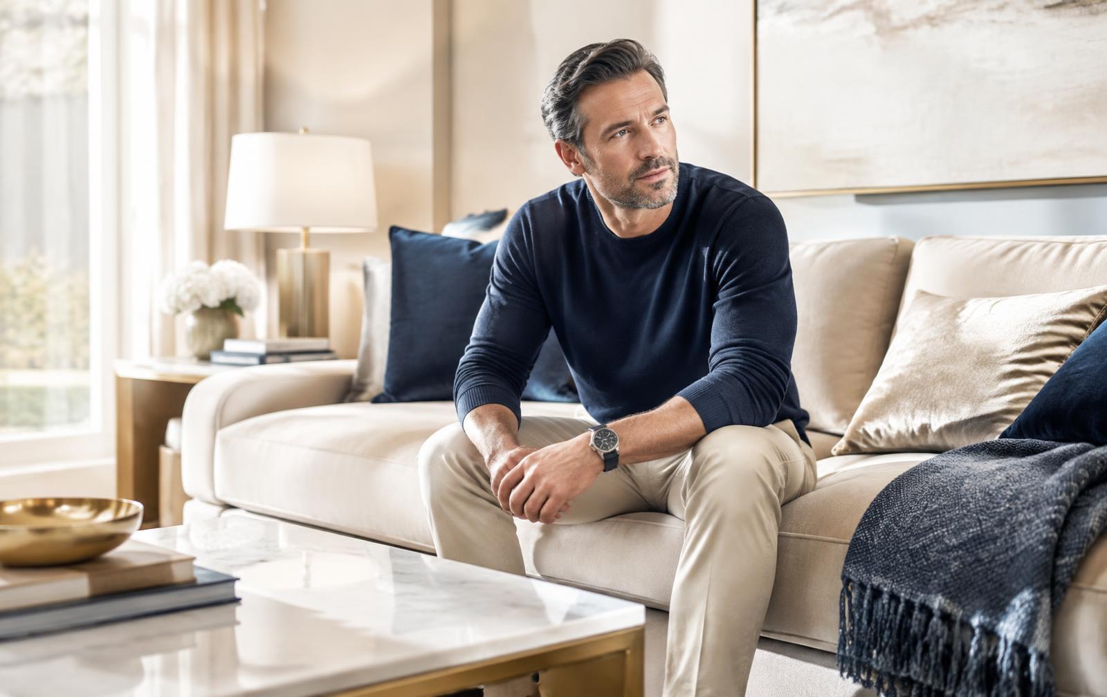Man in his 40s sitting thoughtfully in a bright living room