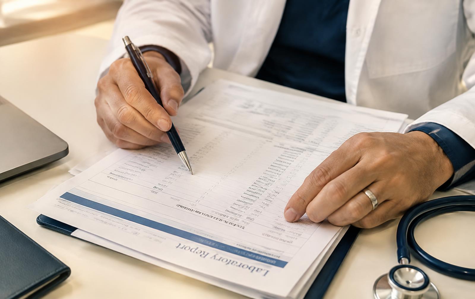 Physician reviewing printed lab results at a desk