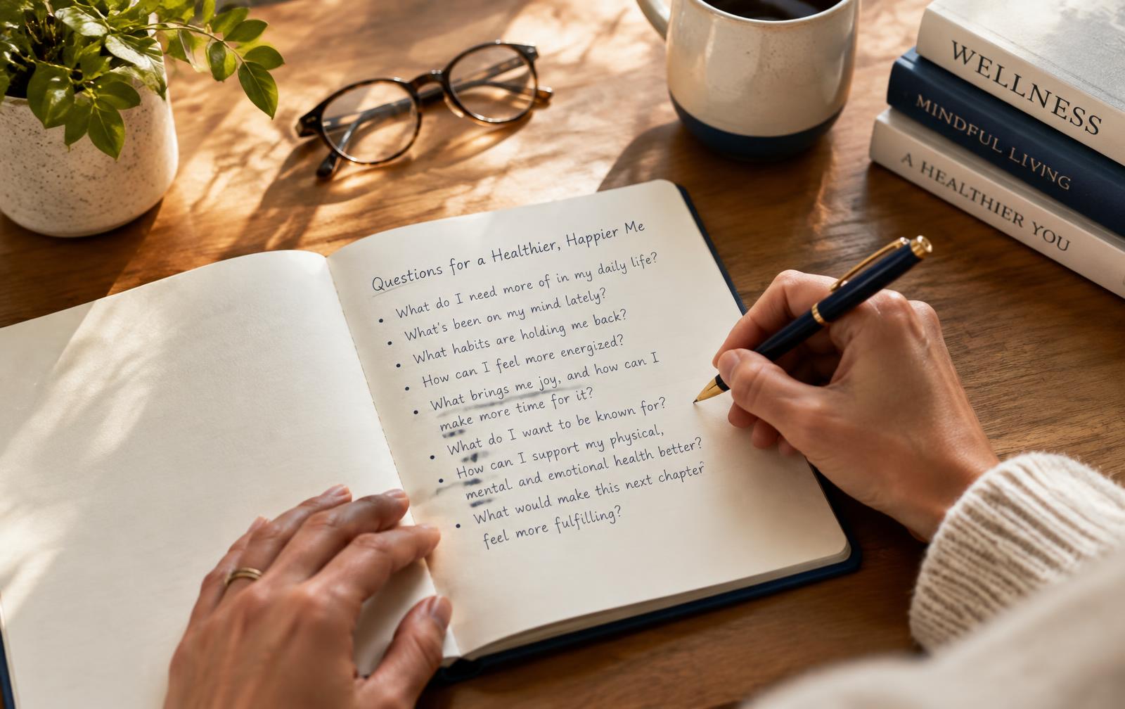 Hands writing a list of questions in a notebook on a wooden desk