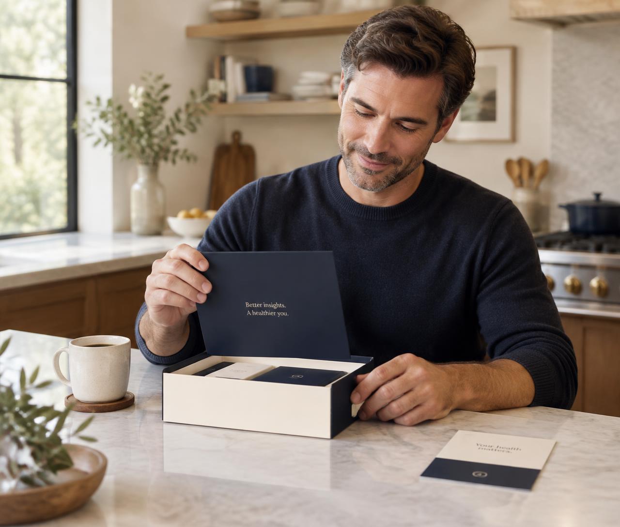 Man opening an at-home testing kit in his kitchen